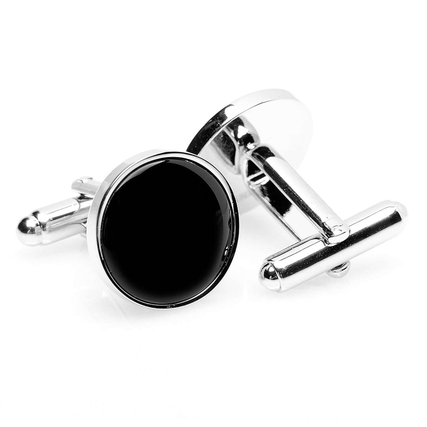 Cufflinks with a black round stone on a white background