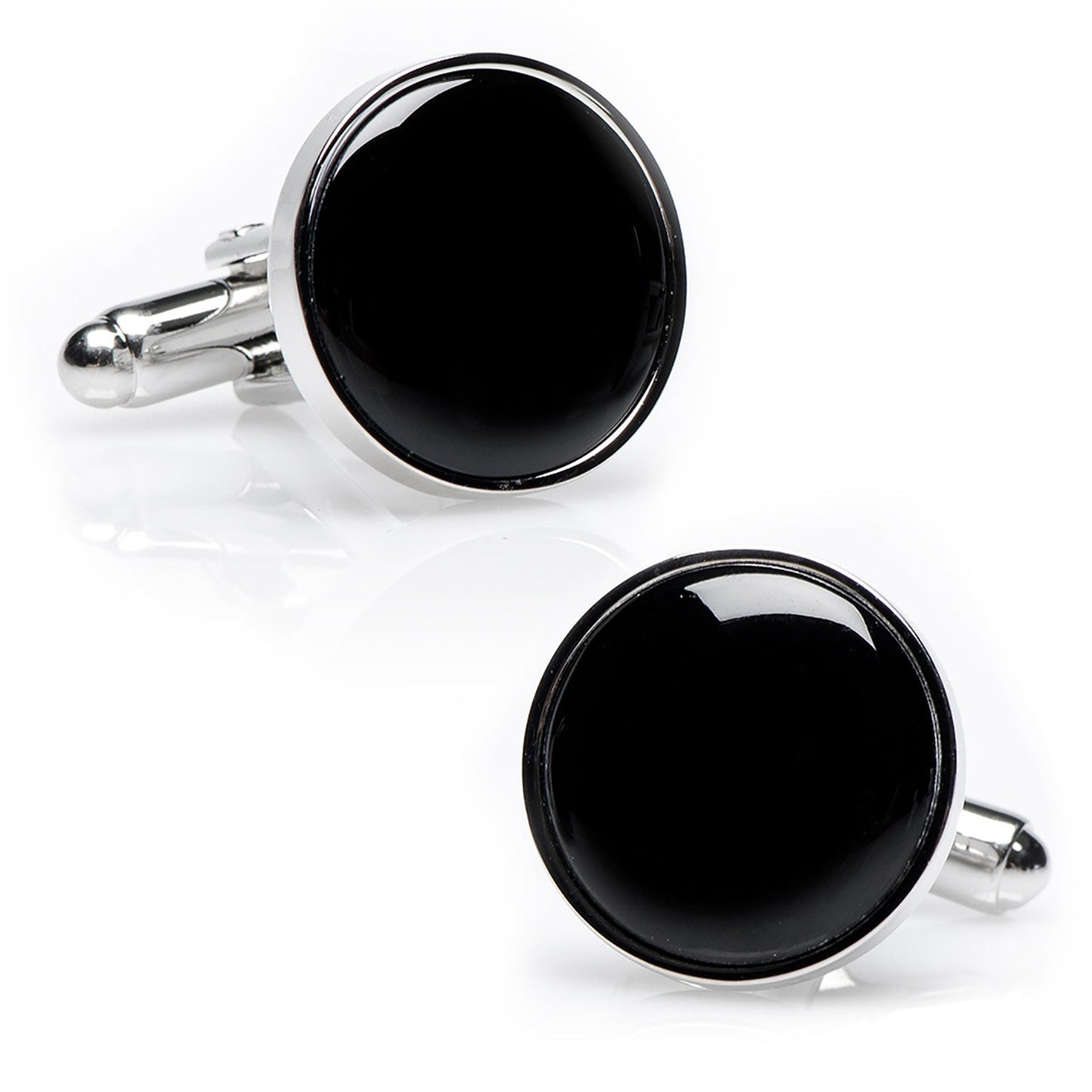 Black round cufflinks with silver borders on a white background