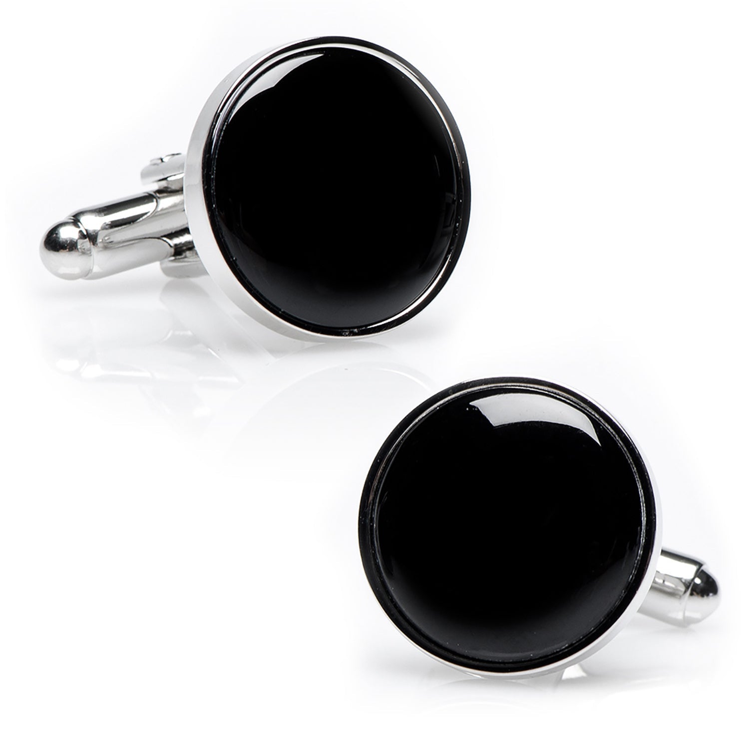 Black round cufflinks with silver borders on a white background