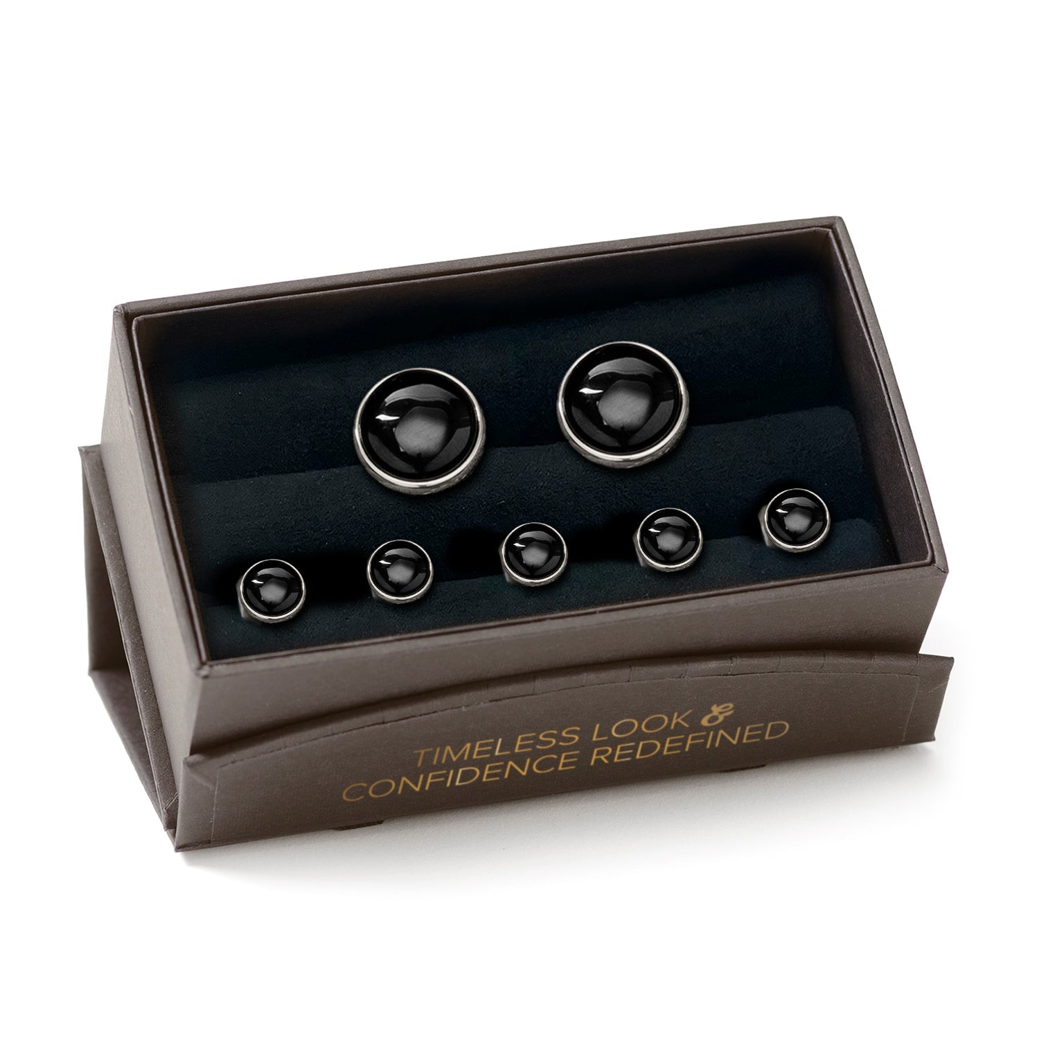 Set of black tie pins in a brown box with 'Timeless Look Confidence Redefined' text.