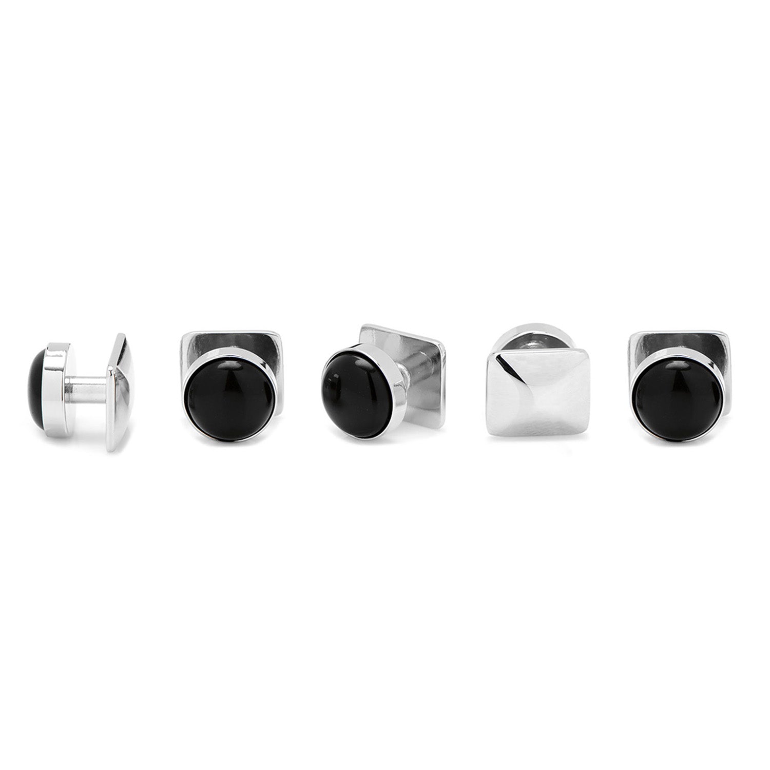 Set of silver and black cufflinks on a white background