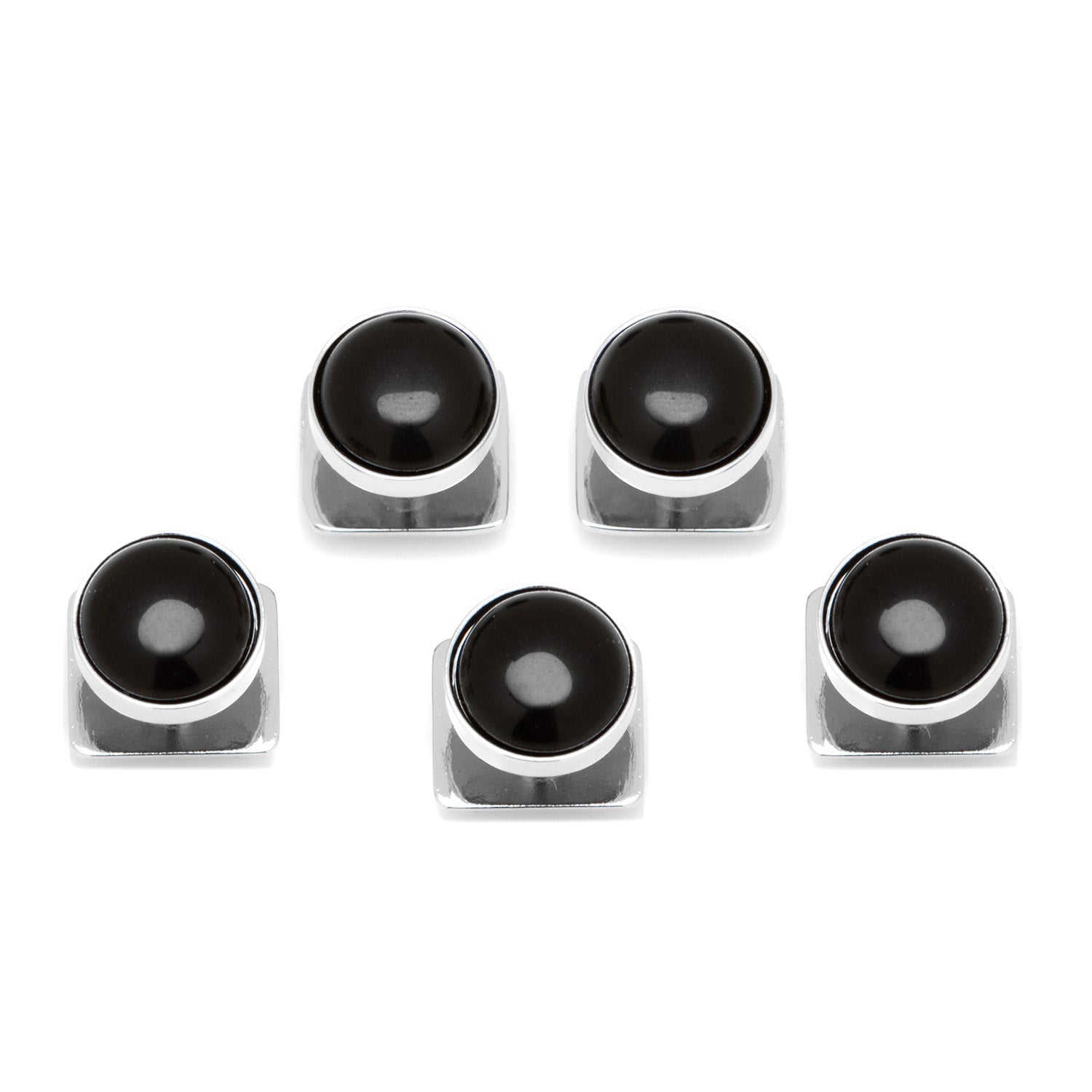 Set of six black and silver round objects on a white background