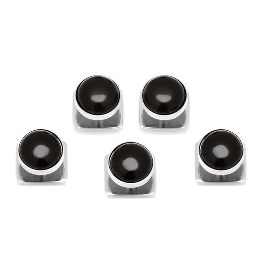 Set of six black and silver round objects on a white background