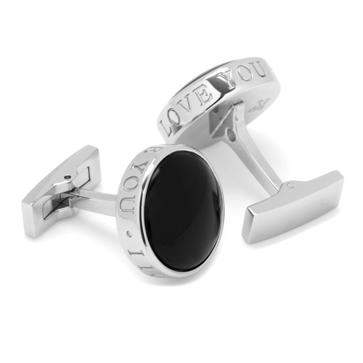 Silver cufflinks with a black stone and 'I LOVE YOU' engraving on a white background