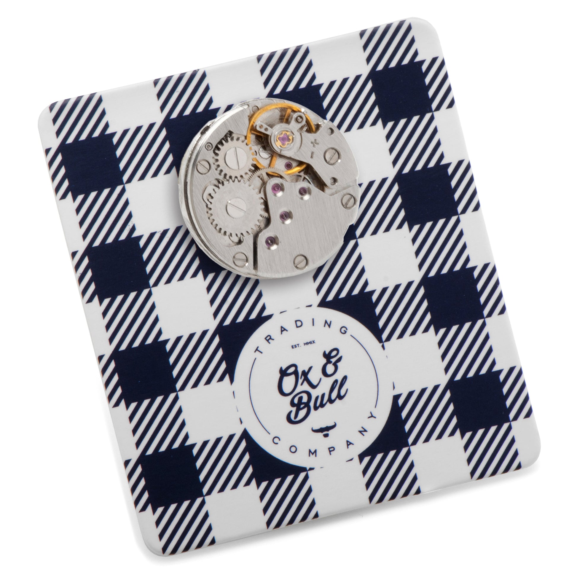 Watch mechanism on a blue and white checkered card with 'Ox & Bull' branding.