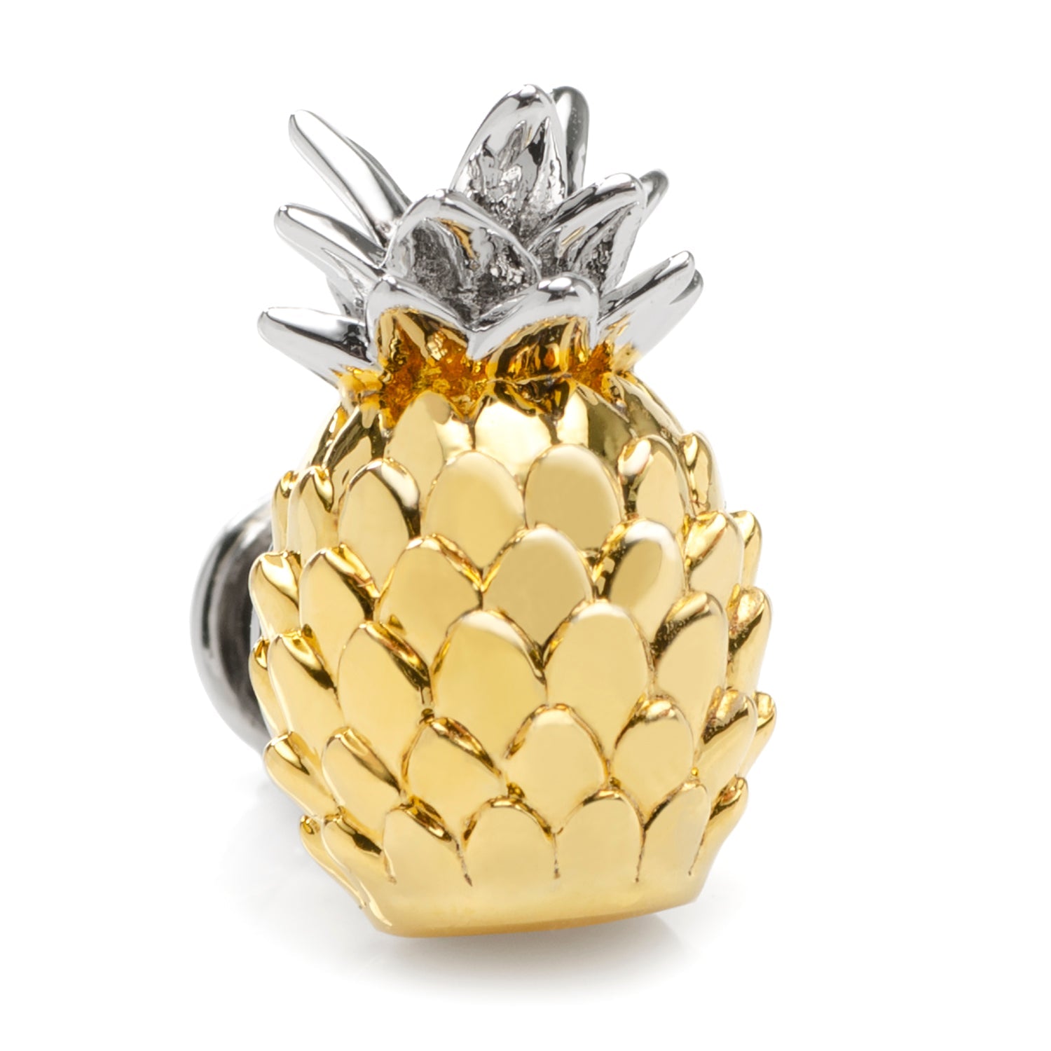 Gold pineapple-shaped earring with silver top on a white background