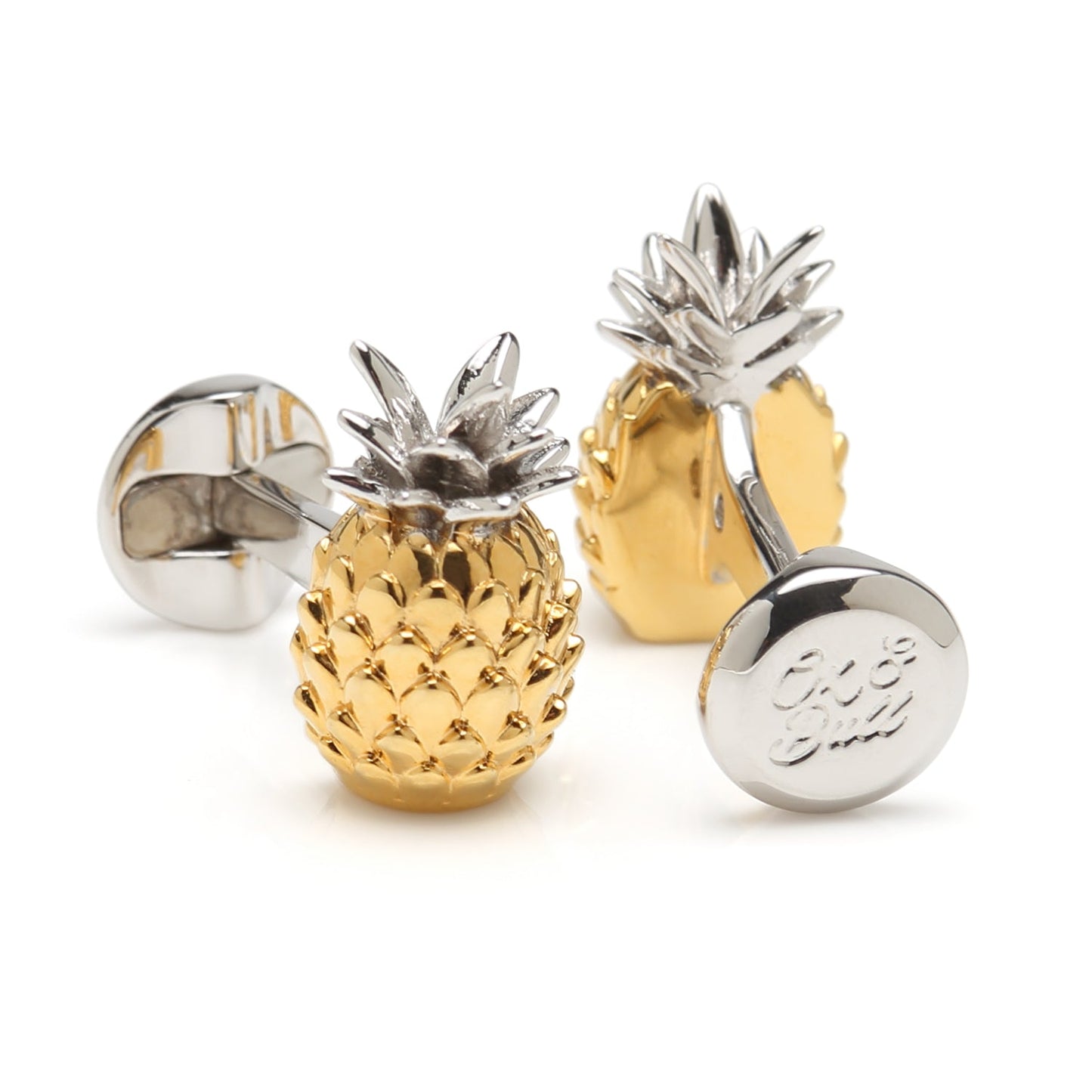 Gold and silver pineapple-shaped cufflinks on a white background
