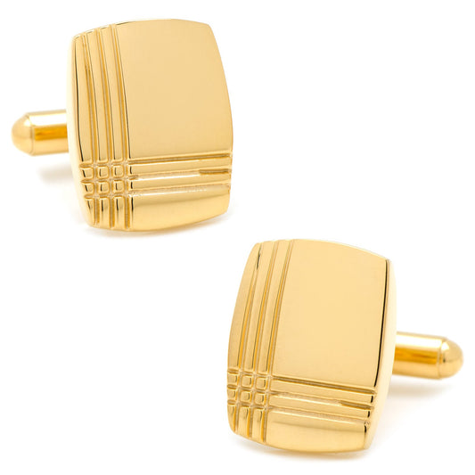 Gold cufflinks with a textured design on a white background