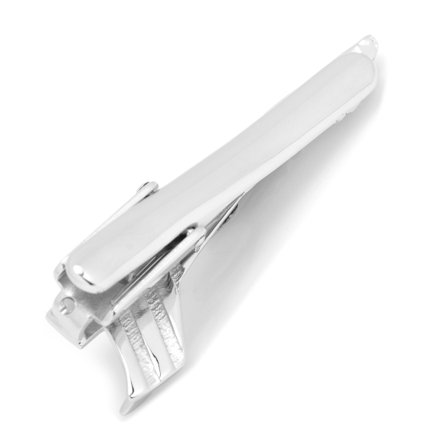 Silver tie clip on a white background