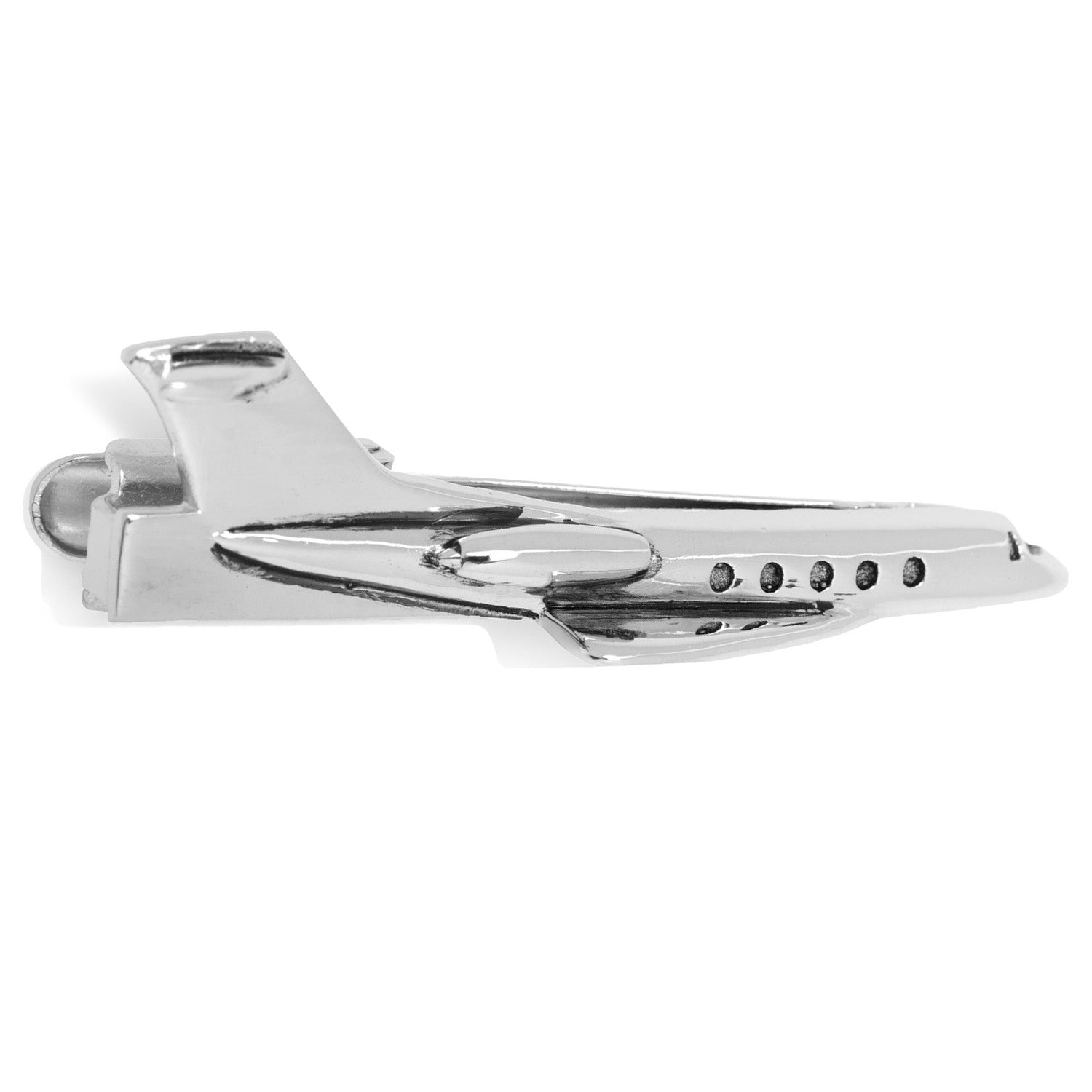 Silver airplane-shaped tie clip on a white background