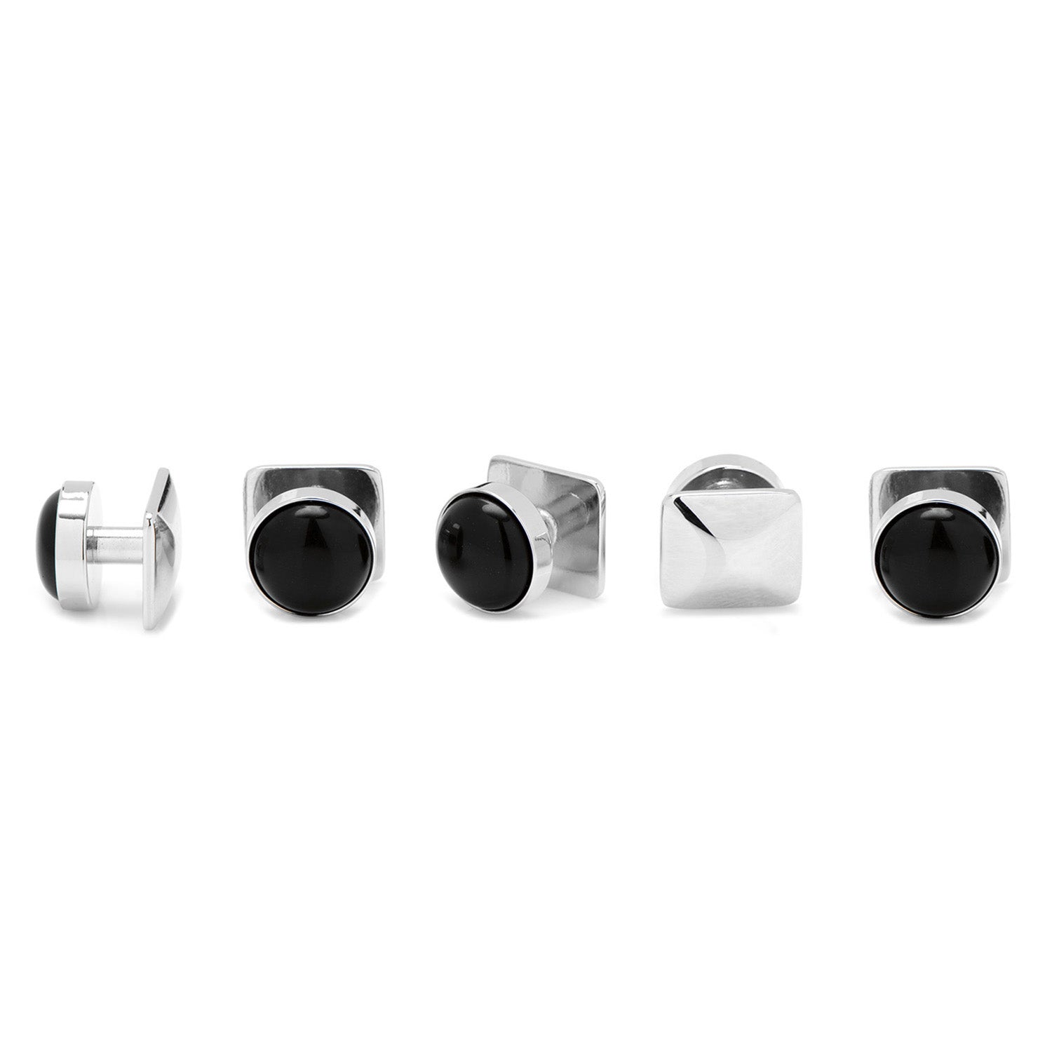 Set of silver and black cufflinks on a white background