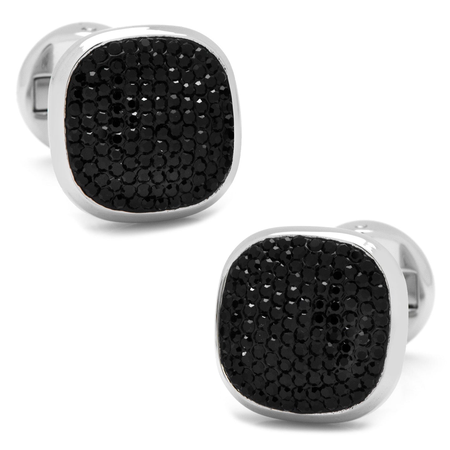 Black cufflinks with silver border on a white background