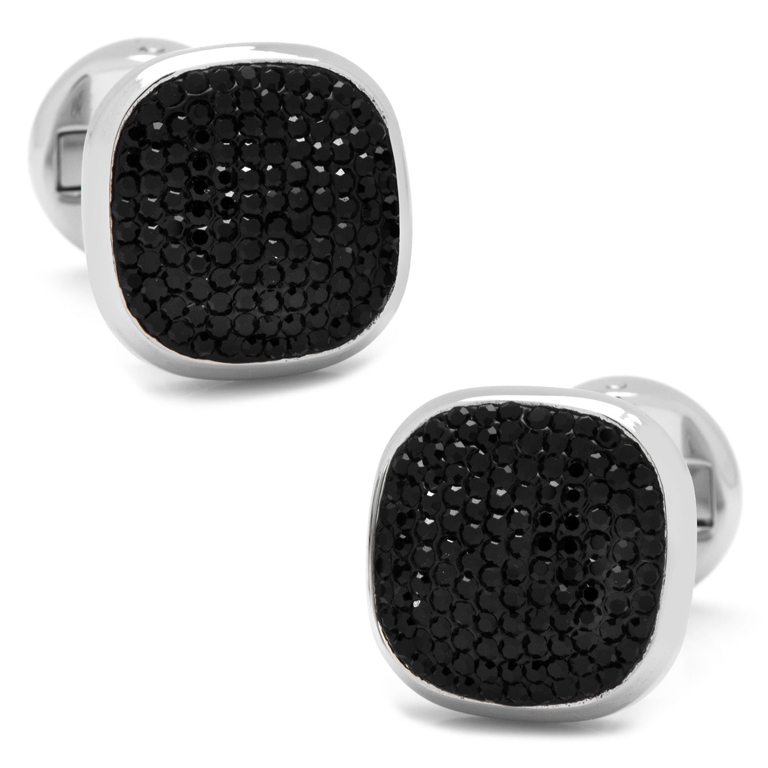 Black cufflinks with silver border on a white background