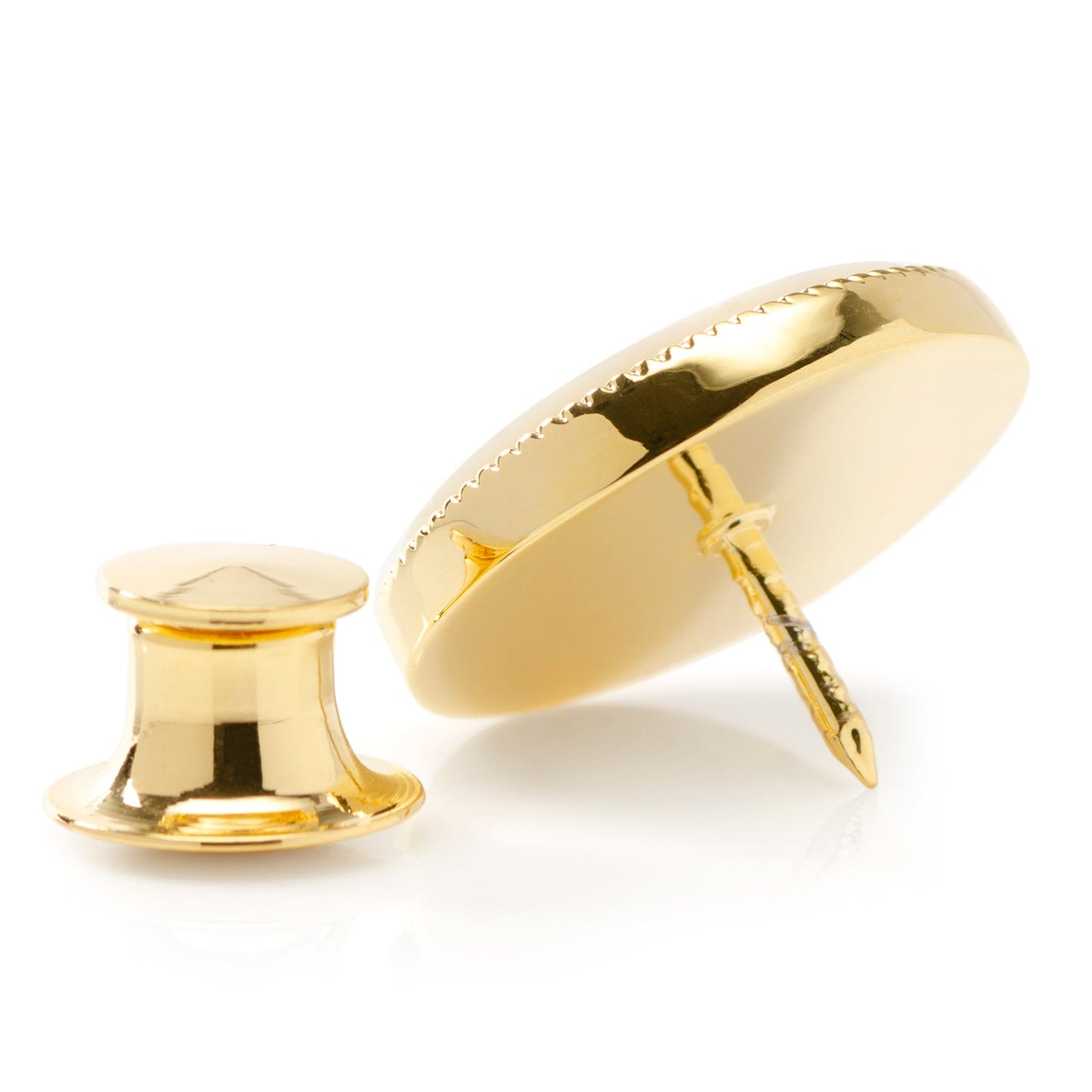 Gold-colored knob and its corresponding back plate on a white background