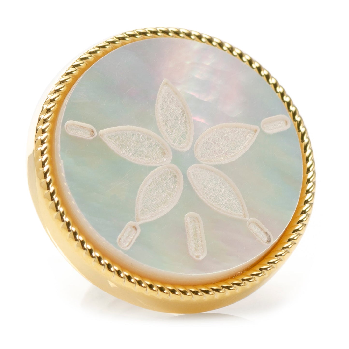 Round stone with gold frame and leaf patterns on a white background
