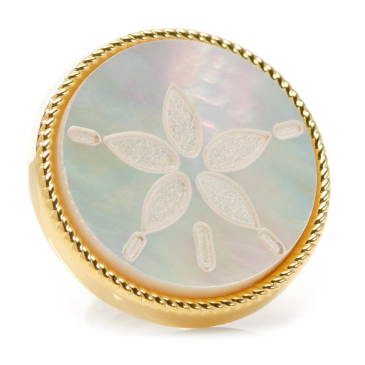 Round stone with gold frame and leaf patterns on a white background
