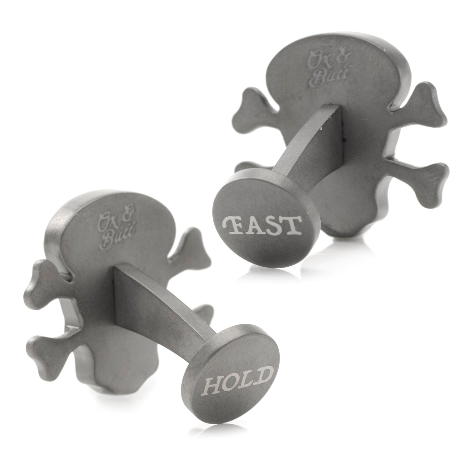 Two gray metal wall hooks with 'Ox & Bull' branding and text on a white background
