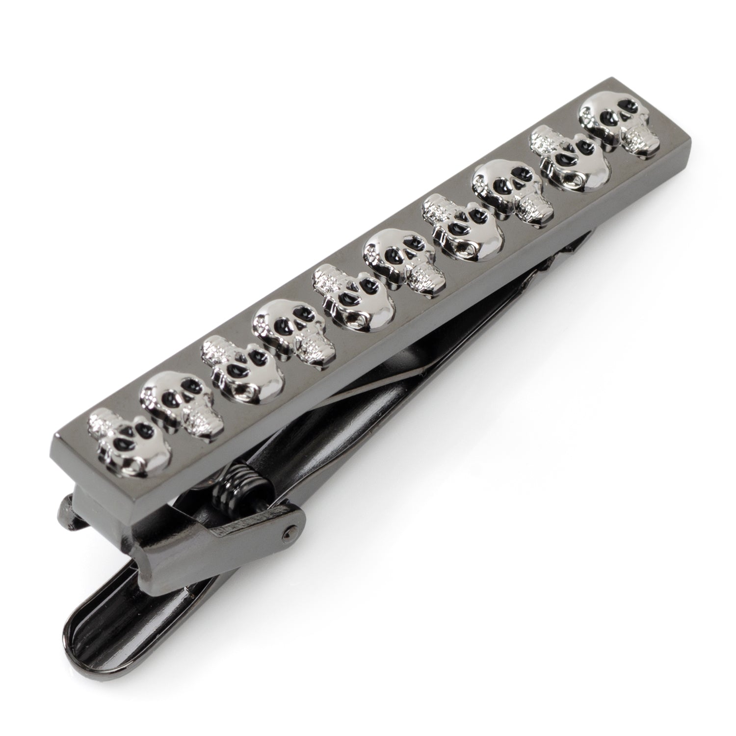 Skull-themed tie clip on a white background