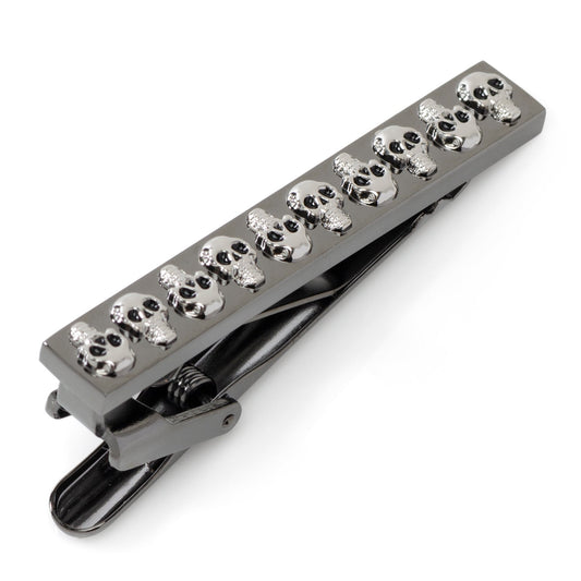 Skull-themed tie clip on a white background