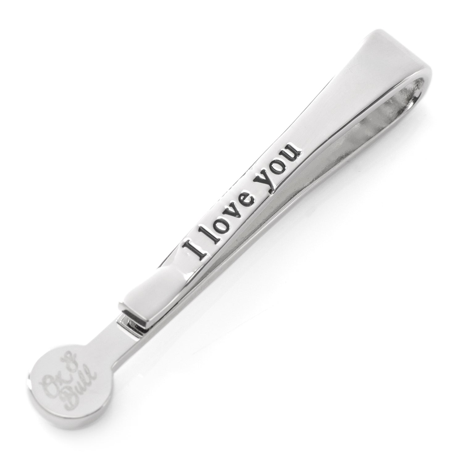 Silver tie clip with 'I love you' and 'Chic & Soul' text on a white background