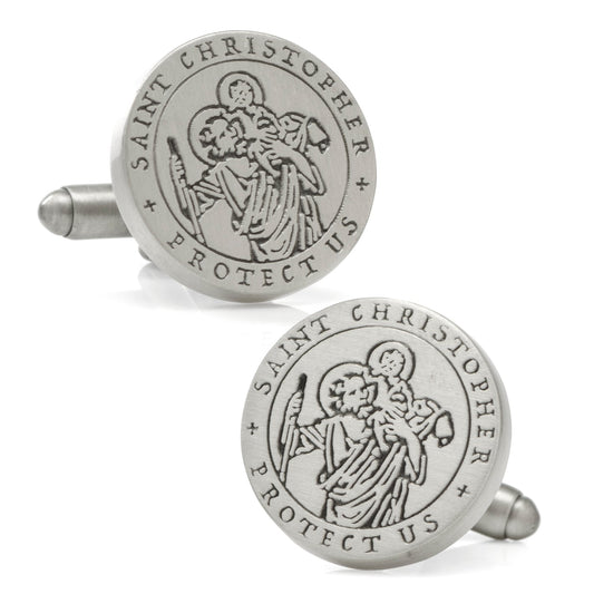 Silver Saint Christopher cufflinks on a white background