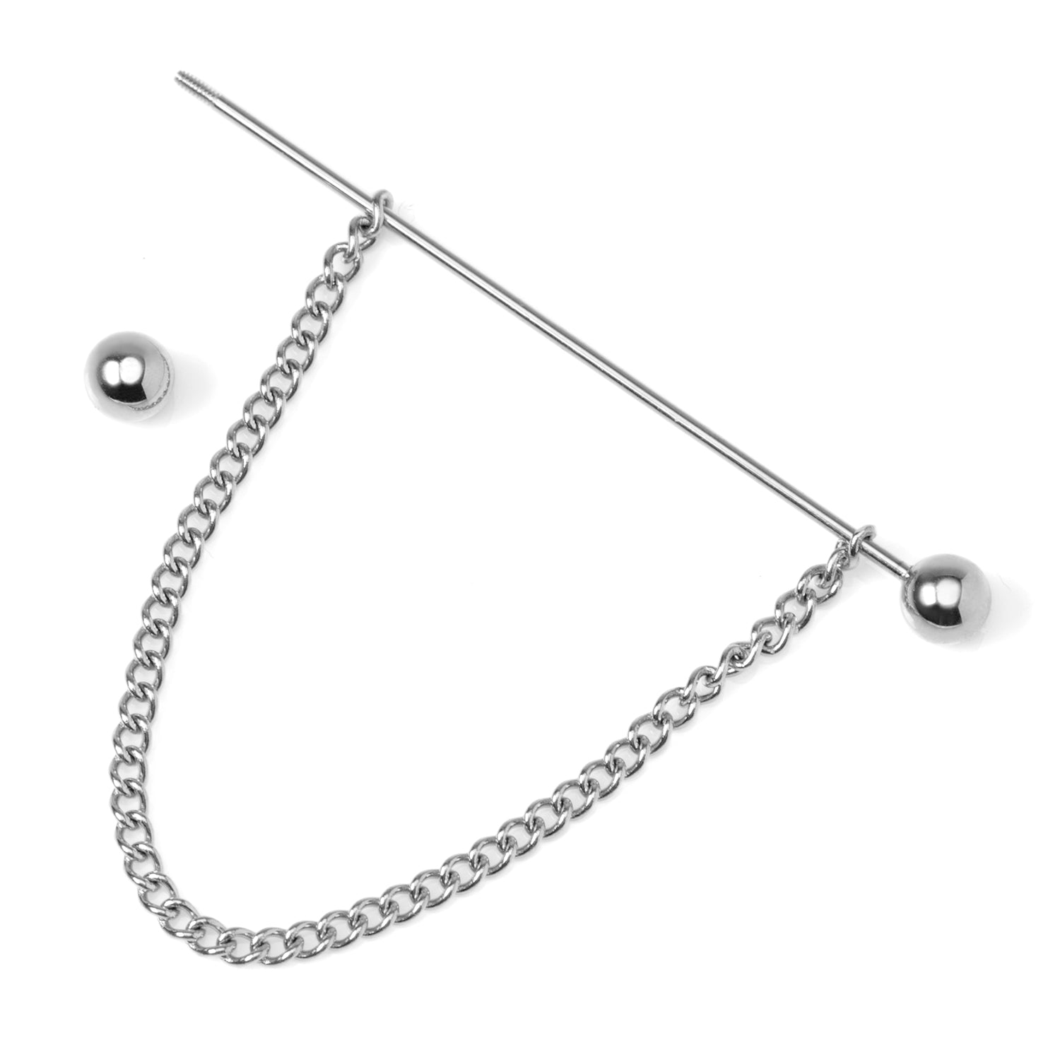 Silver chain with spherical ends on a white background