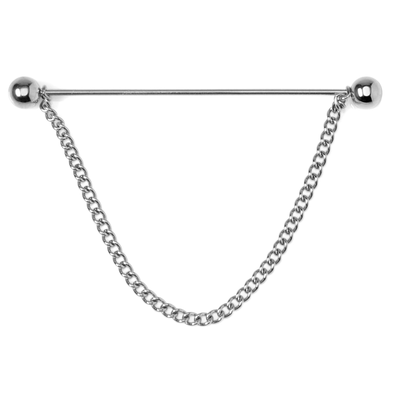 Silver chain with spherical ends on a white background