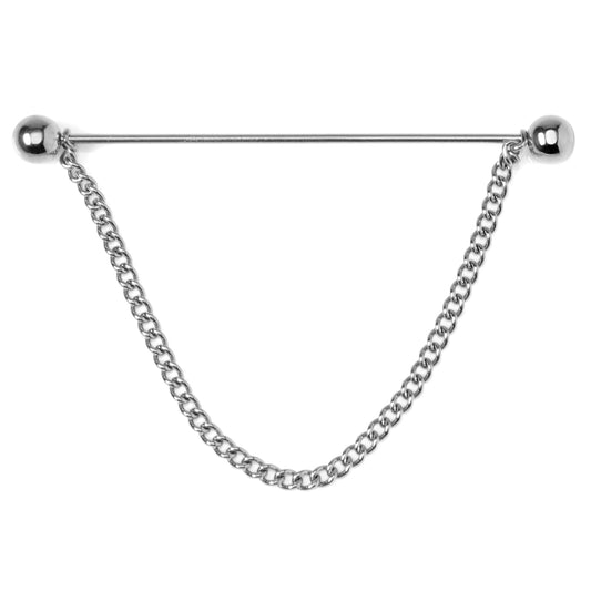 Silver chain with spherical ends on a white background