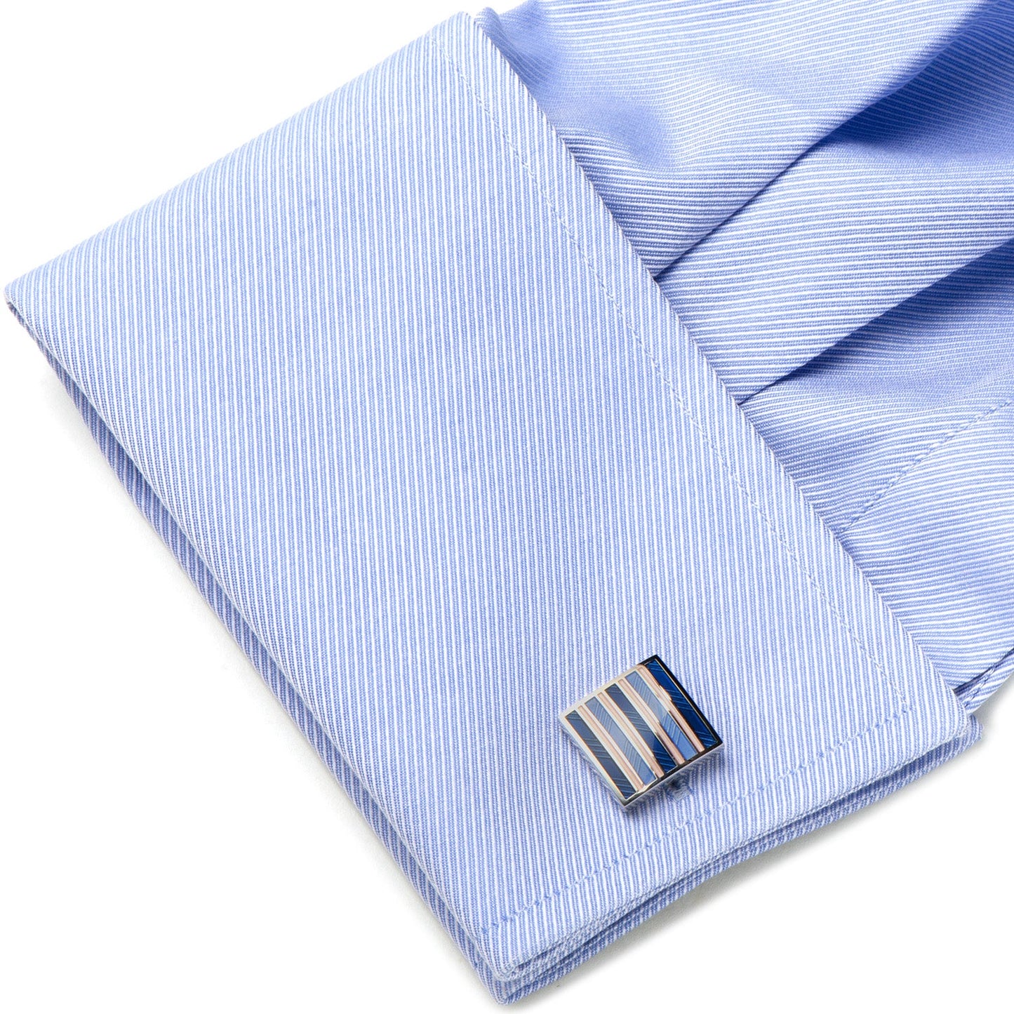 Blue striped shirt with a cufflink on a white background