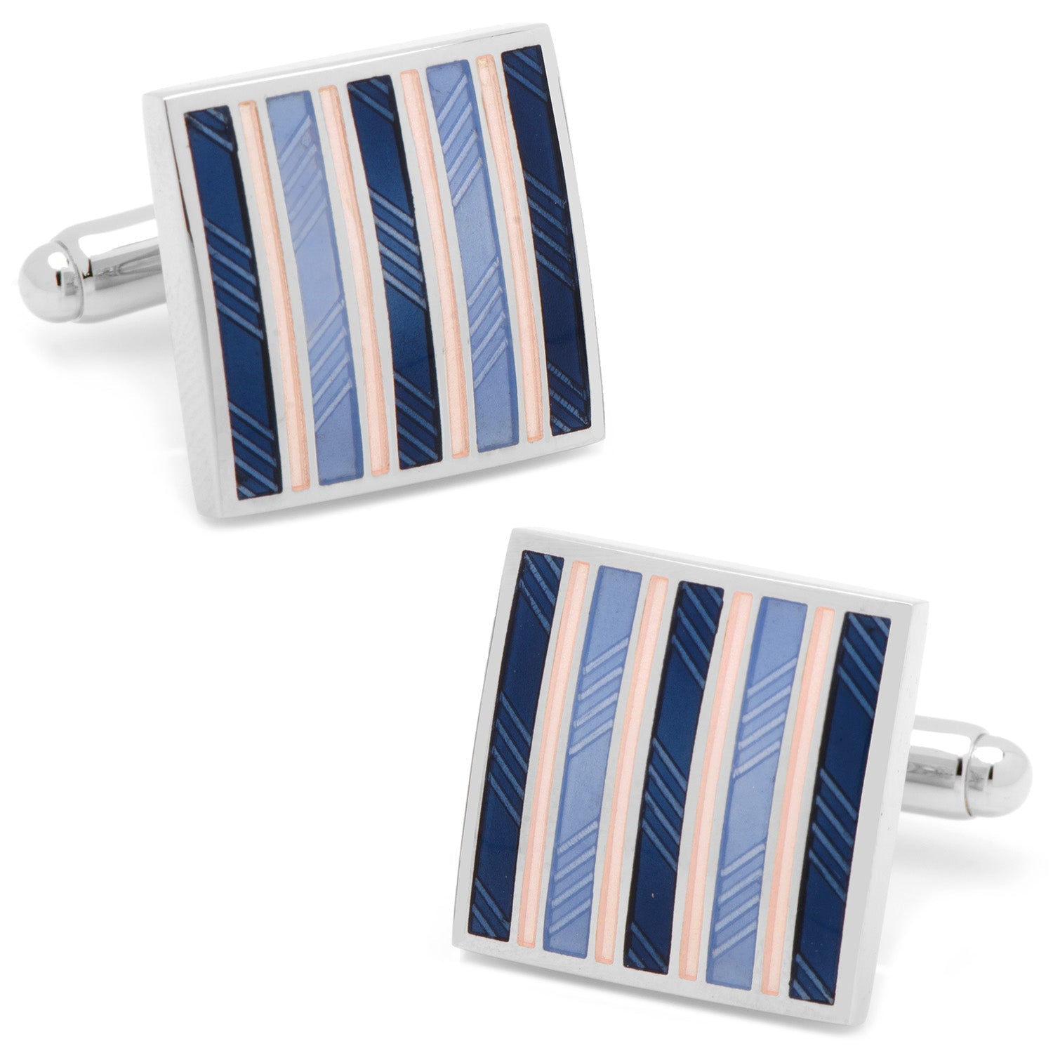 Pair of square cufflinks with striped design on a white background