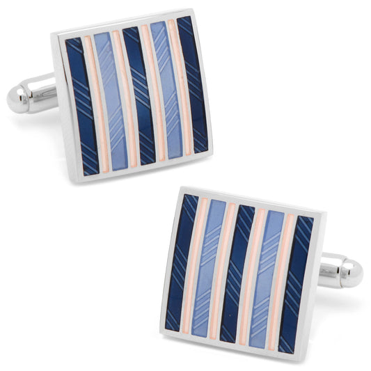 Pair of square cufflinks with striped design on a white background