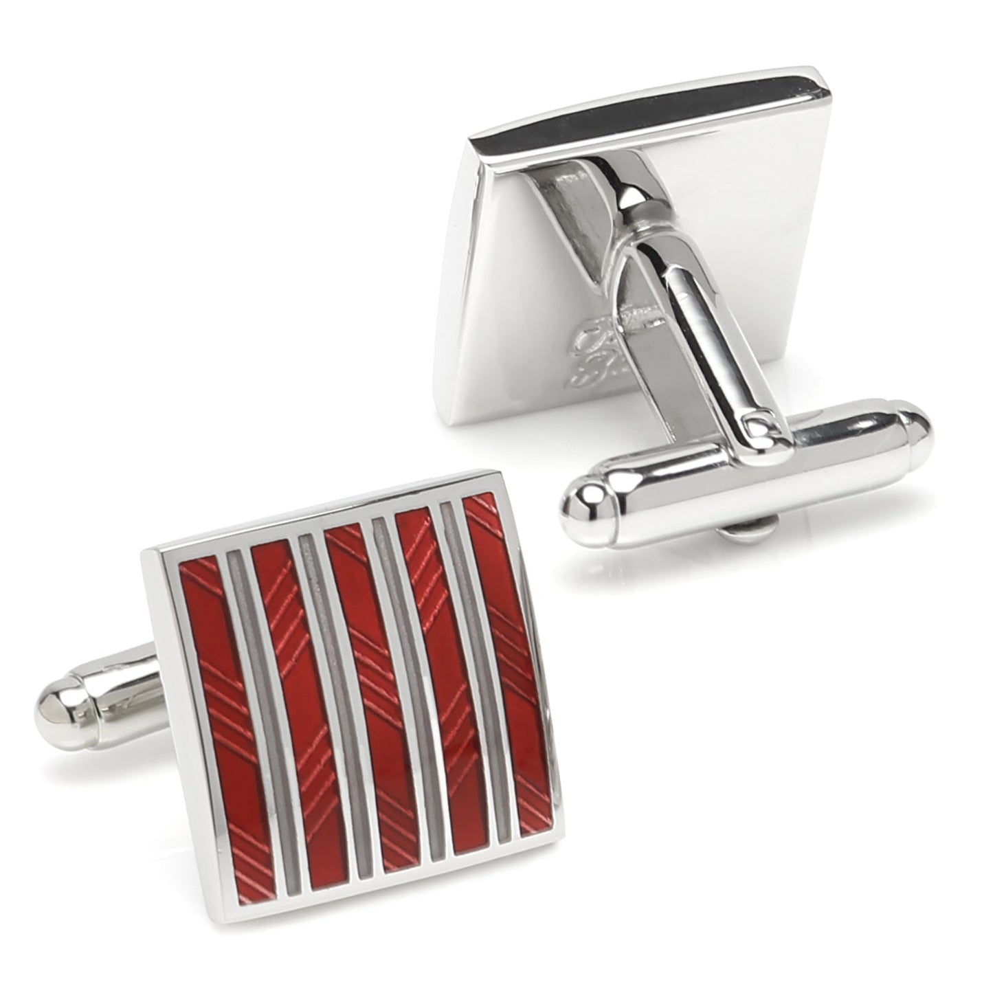 Silver cufflinks with red and white striped design on a white background