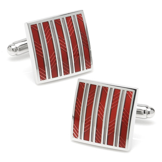 Pair of red and silver striped cufflinks on a white background