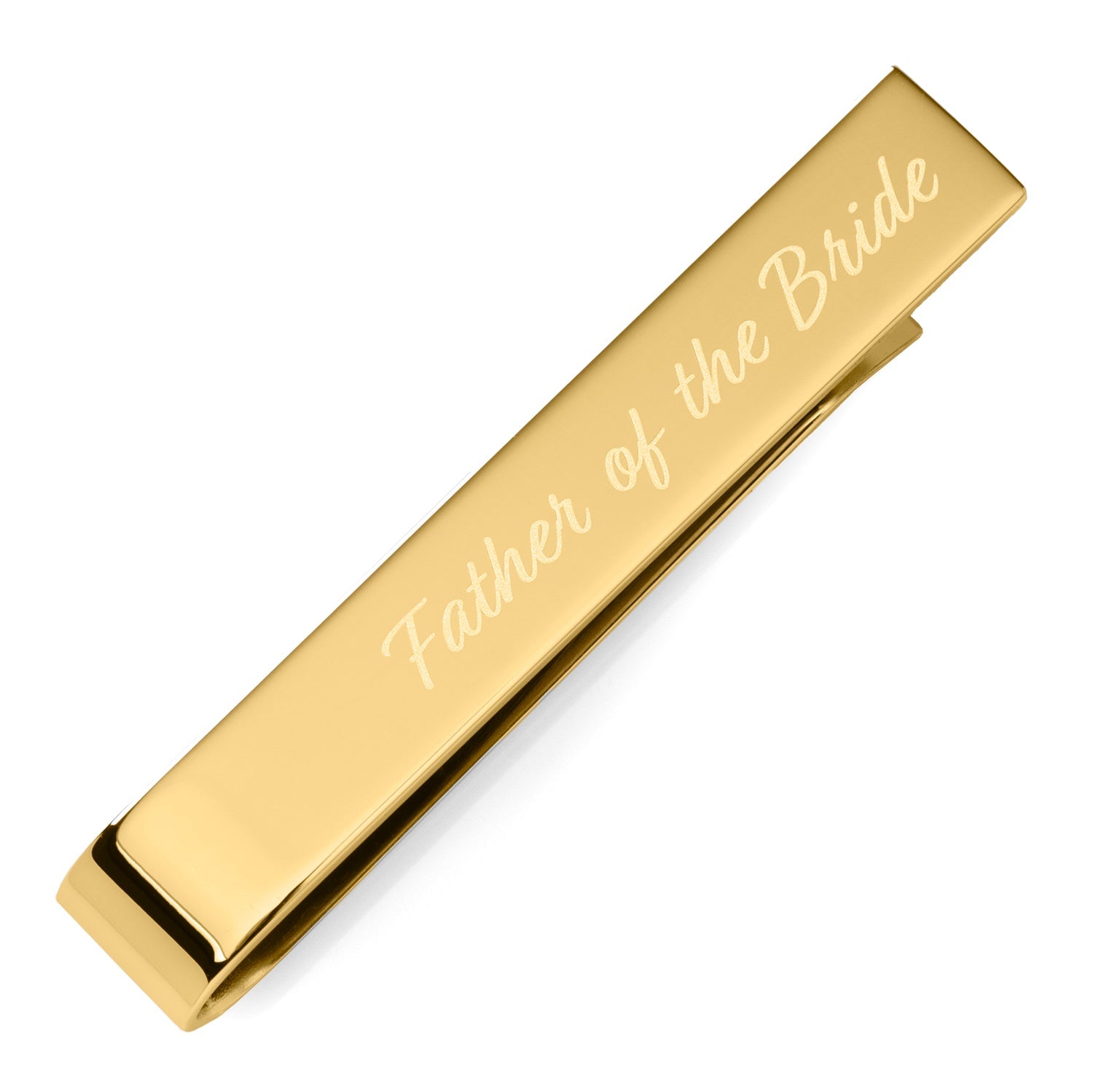 Gold tie clip with 'Father of the Bride' engraving on a white background