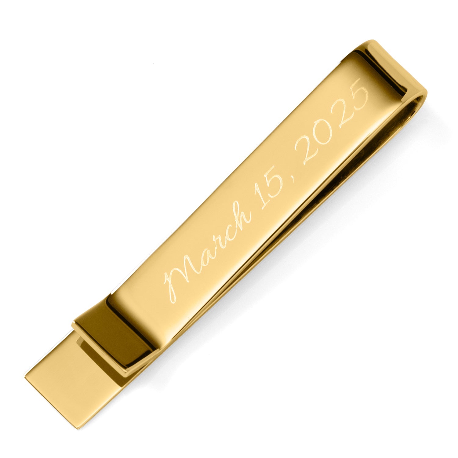 Gold money clip with engraved date 'March 15, 2025' on a white background