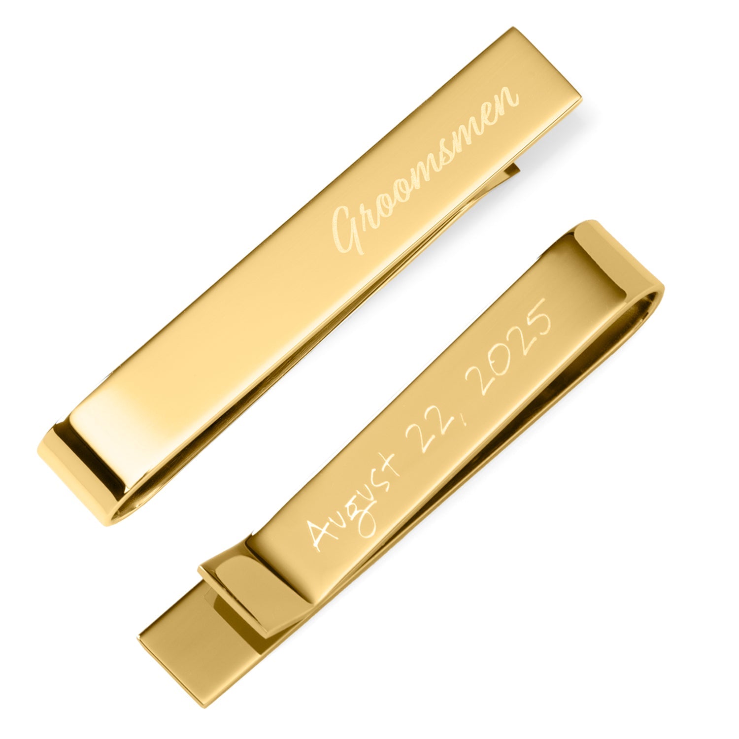 Two gold tie bars with engraved text on a white background