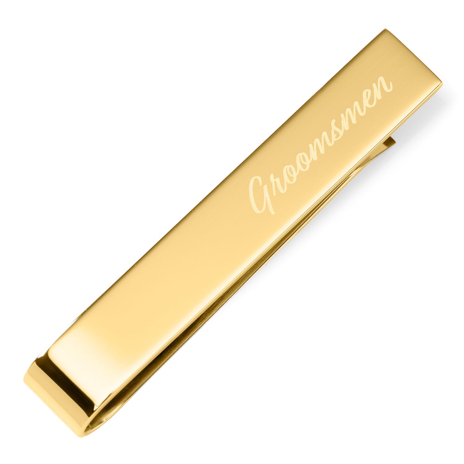 Gold tie clip with 'Groomsman' engraving on a white background