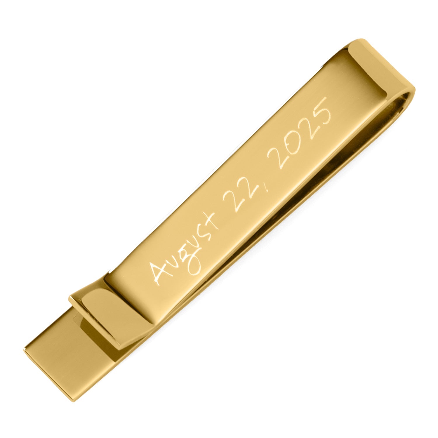Gold money clip with engraved date 'August 22, 2025' on a white background