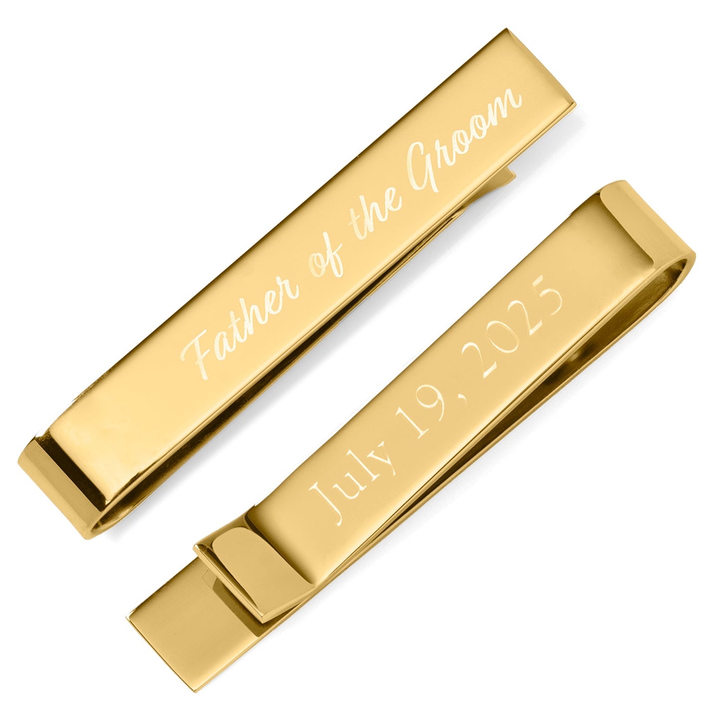 Two gold tie bars with engraved text on a white background