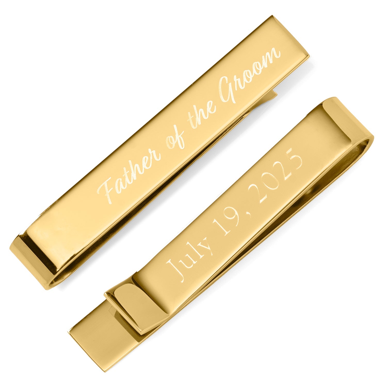 Two gold tie bars with engraved text on a white background