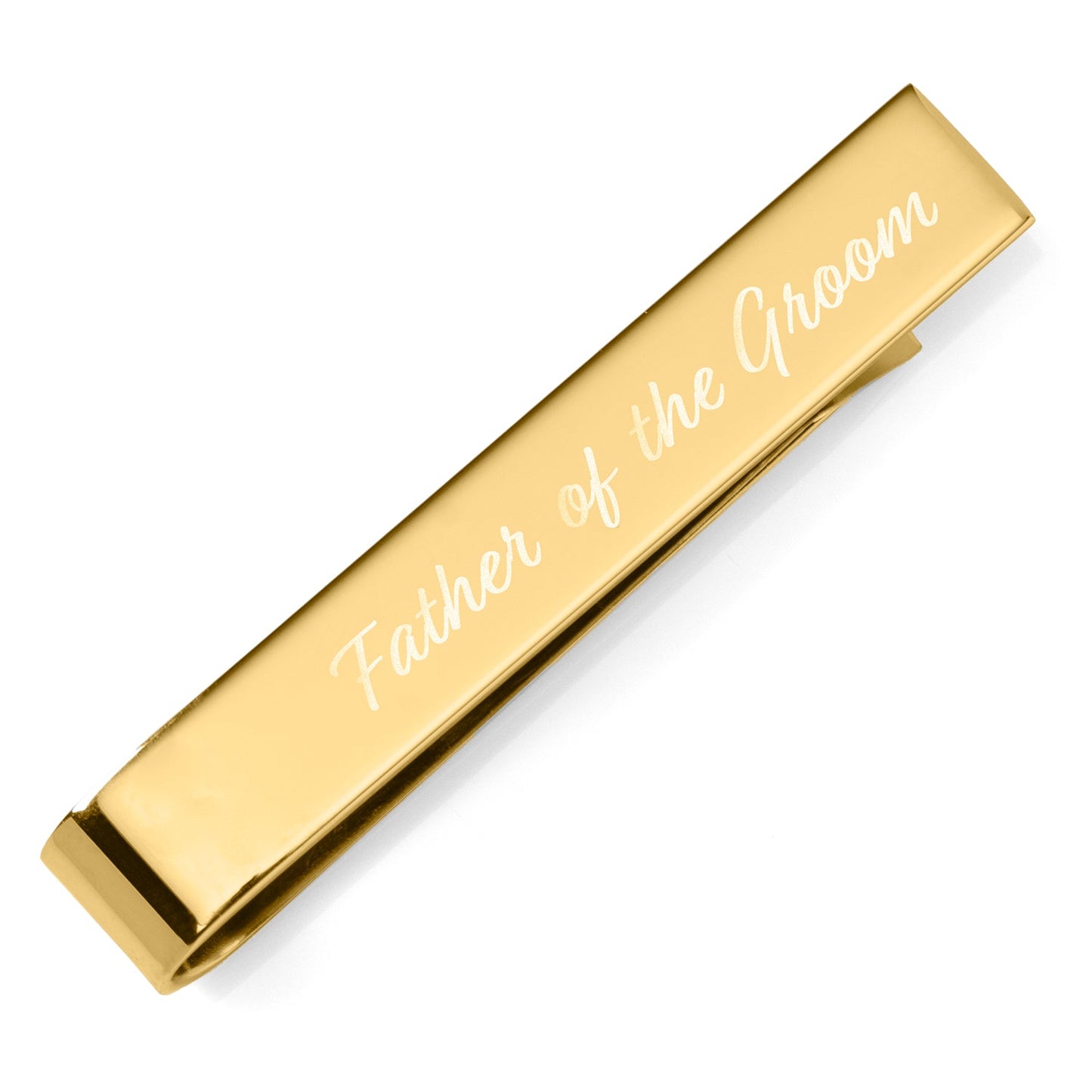 Gold tie clip with 'Father of the Groom' engraving on a white background