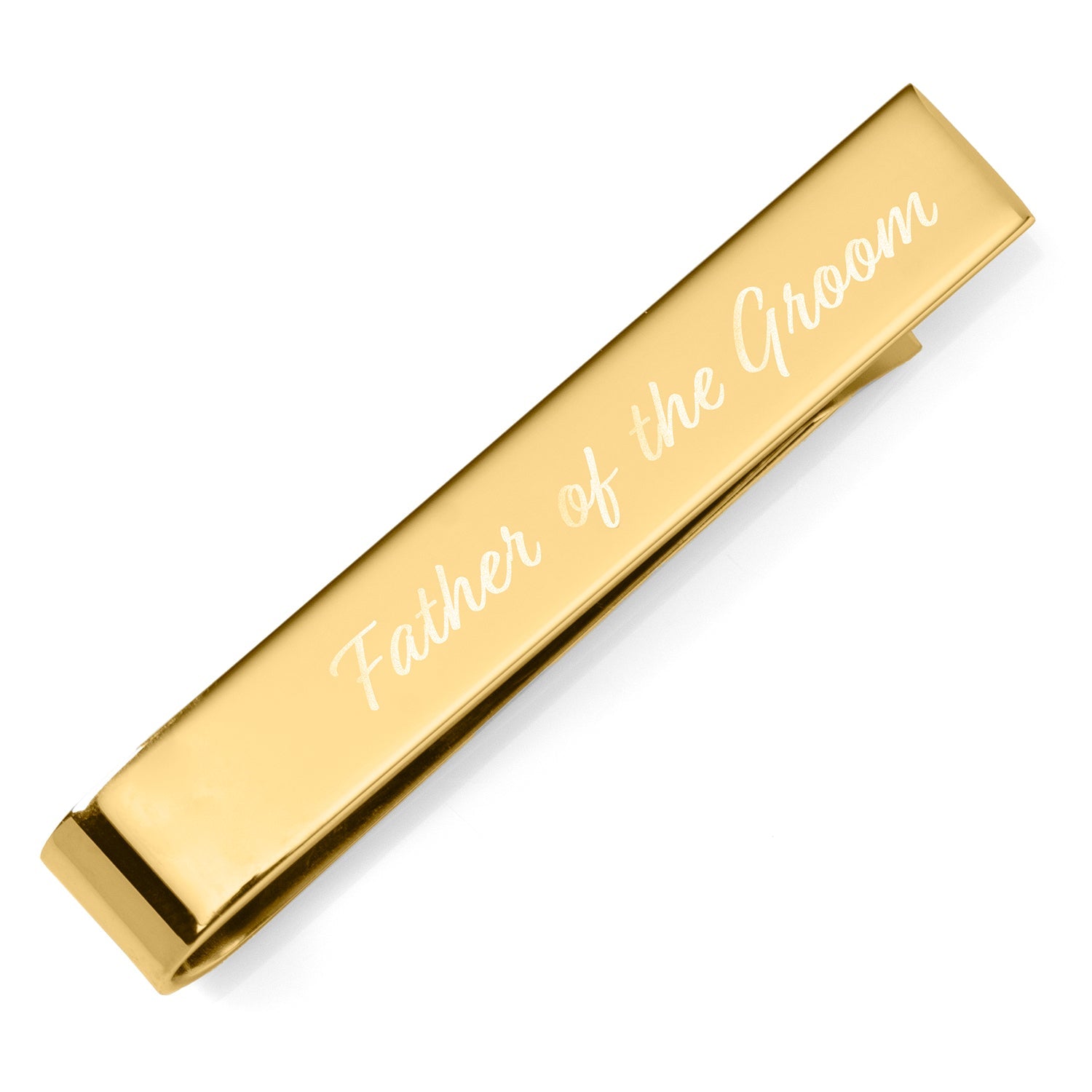 Gold tie clip with 'Father of the Groom' engraving on a white background