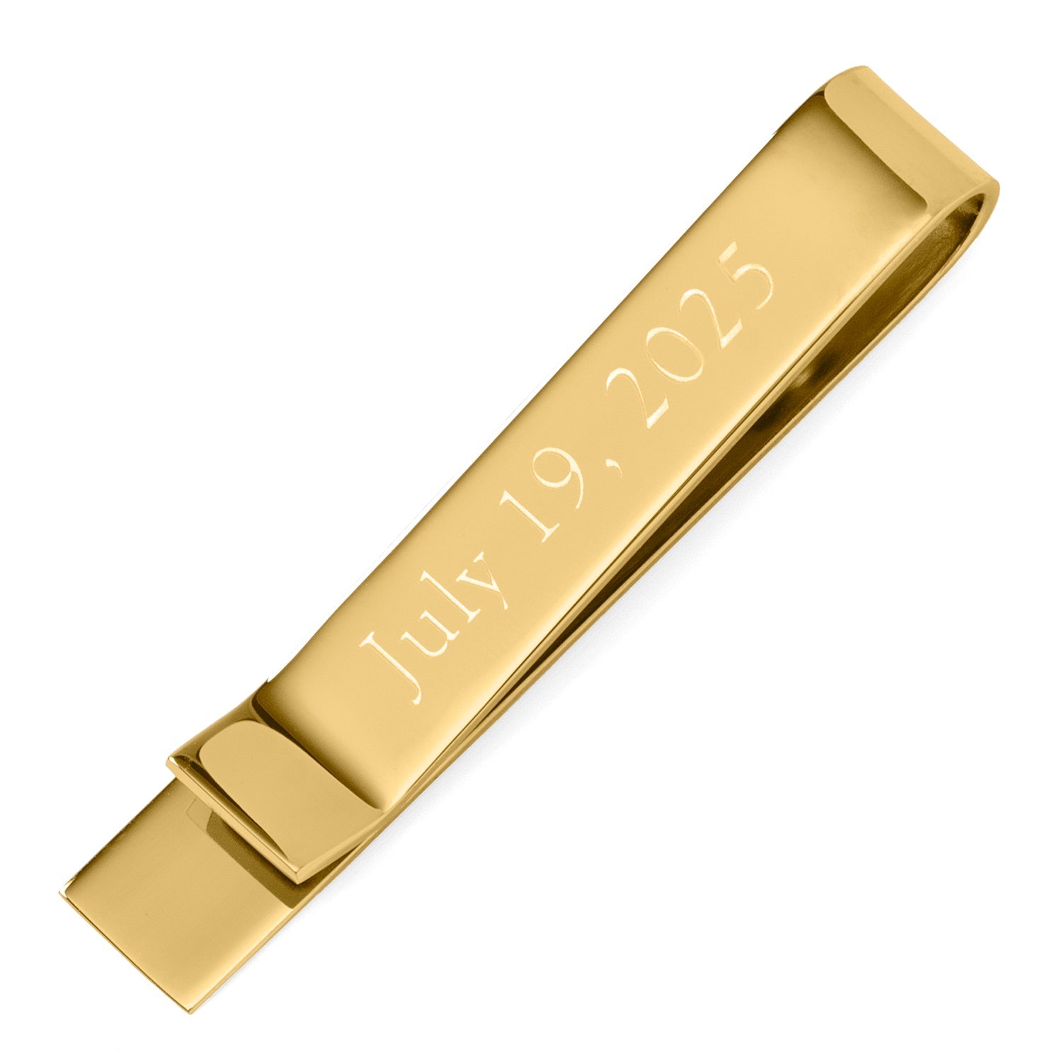 Gold tie clip with engraved date 'July 19, 2025' on a white background