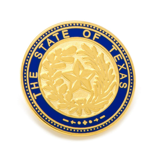 Seal of the State of Texas with gold and blue colors on a white background