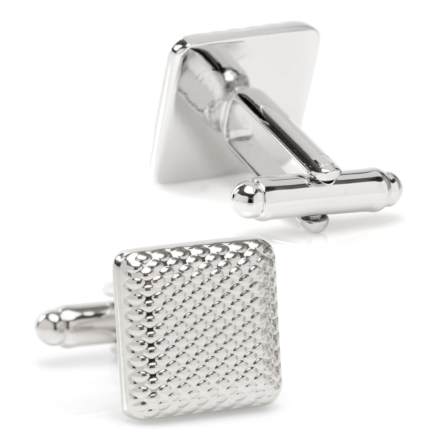 Silver textured square cufflinks on a white background