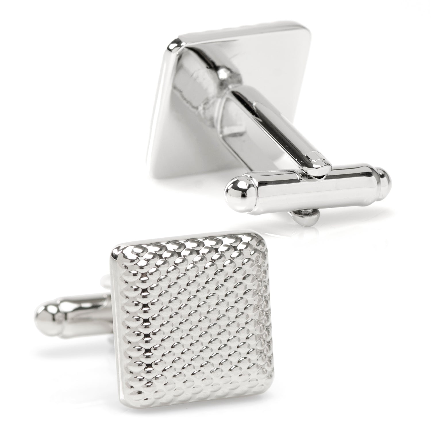 Silver textured square cufflinks on a white background