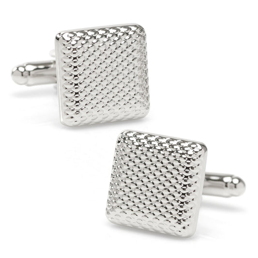 Pair of silver square cufflinks with textured design on a white background