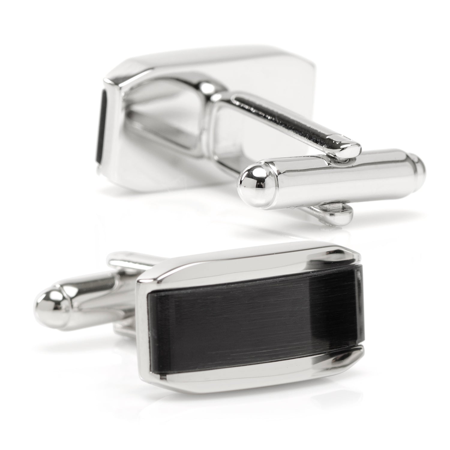 Silver cufflinks with a black rectangular stone on a white background