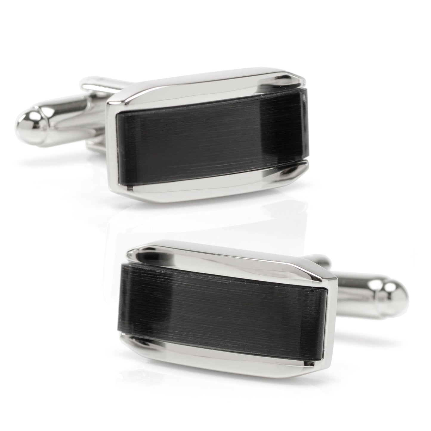 Pair of black and silver rectangular cufflinks on a white background