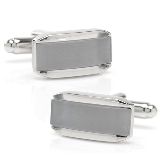 Pair of silver rectangular cufflinks on a white background